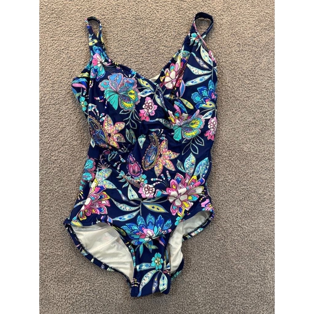Women's One-Piece Swimsuit Floral Print Navy Blue Adjustable Straps Size Approx